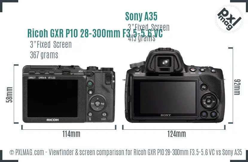 Ricoh GXR P10 28-300mm F3.5-5.6 VC vs Sony A35 Screen and Viewfinder comparison