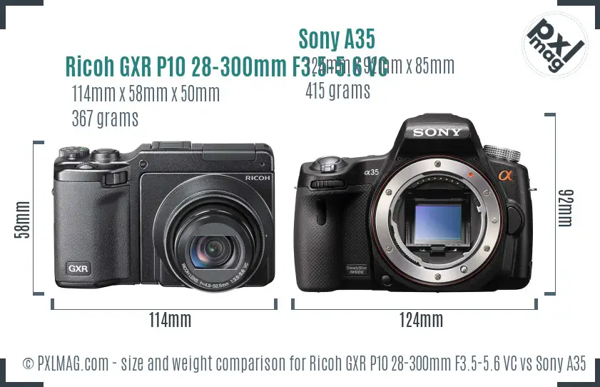 Ricoh GXR P10 28-300mm F3.5-5.6 VC vs Sony A35 size comparison