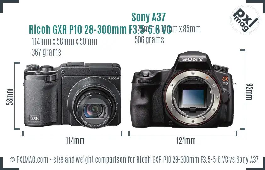 Ricoh GXR P10 28-300mm F3.5-5.6 VC vs Sony A37 size comparison