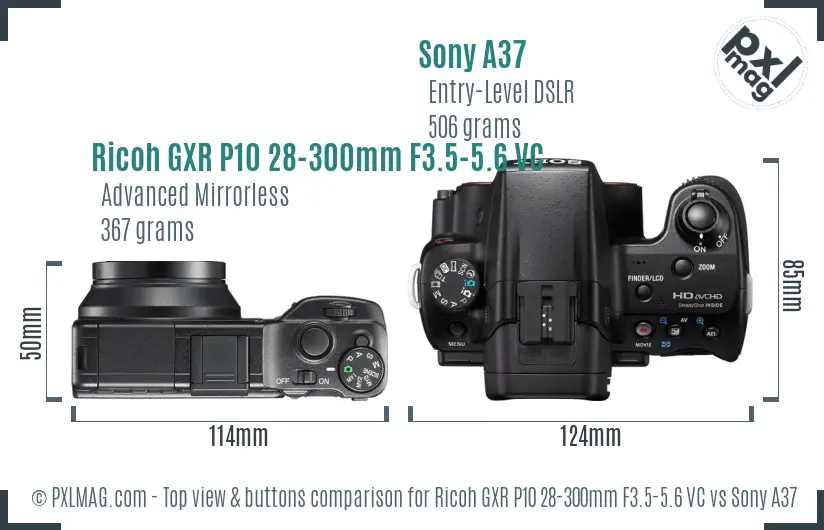 Ricoh GXR P10 28-300mm F3.5-5.6 VC vs Sony A37 top view buttons comparison
