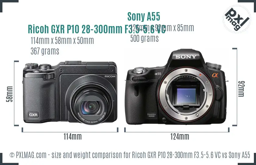 Ricoh GXR P10 28-300mm F3.5-5.6 VC vs Sony A55 size comparison Ricoh GXR P10 28-300mm F3.5-5.6 VC vs Sony A55 size comparison