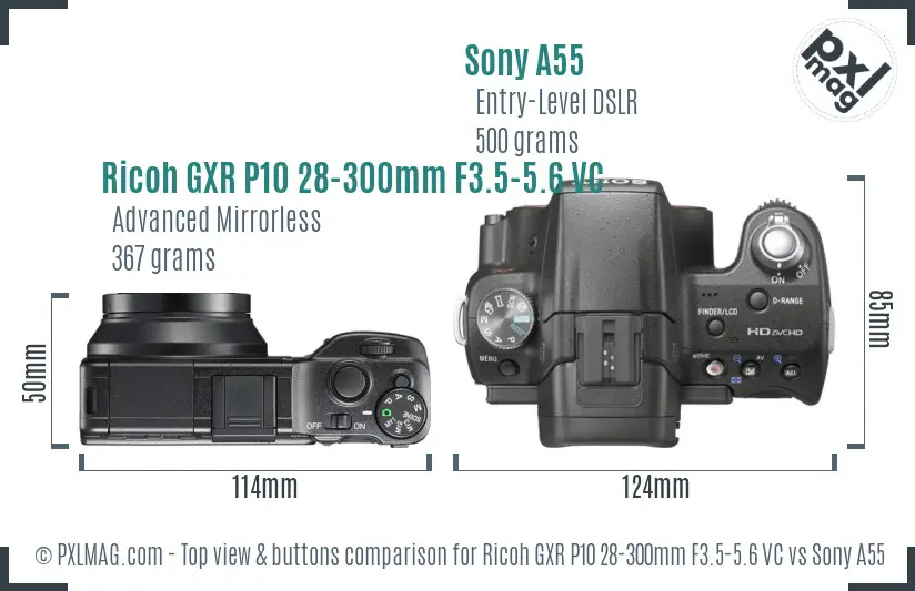 Ricoh GXR P10 28-300mm F3.5-5.6 VC vs Sony A55 top view buttons comparison Ricoh GXR P10 28-300mm F3.5-5.6 VC vs Sony A55 top view buttons comparison