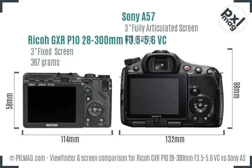 Ricoh GXR P10 28-300mm F3.5-5.6 VC vs Sony A57 Screen and Viewfinder comparison