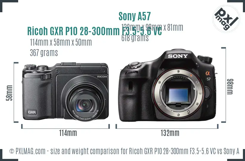 Ricoh GXR P10 28-300mm F3.5-5.6 VC vs Sony A57 size comparison