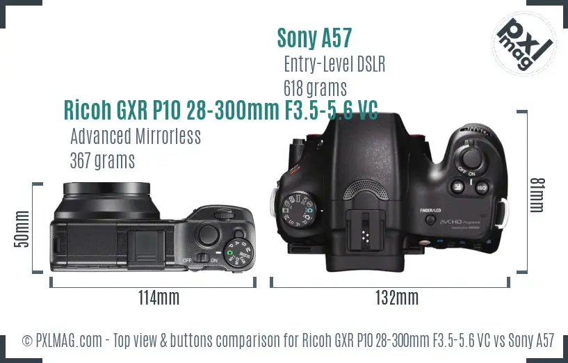 Ricoh GXR P10 28-300mm F3.5-5.6 VC vs Sony A57 top view buttons comparison