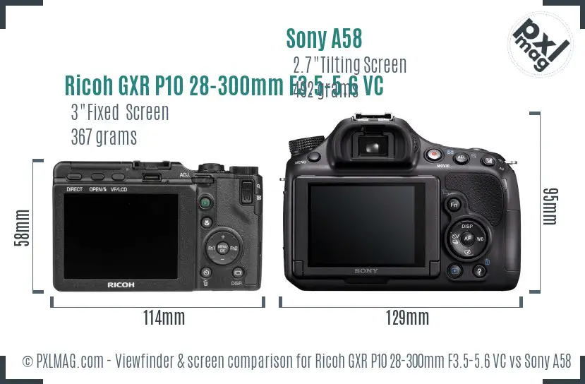 Ricoh GXR P10 28-300mm F3.5-5.6 VC vs Sony A58 Screen and Viewfinder comparison