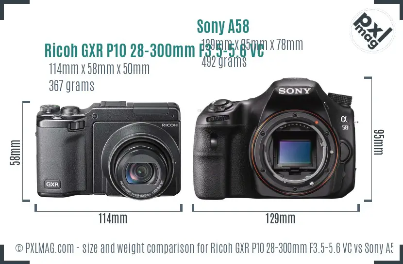 Ricoh GXR P10 28-300mm F3.5-5.6 VC vs Sony A58 size comparison