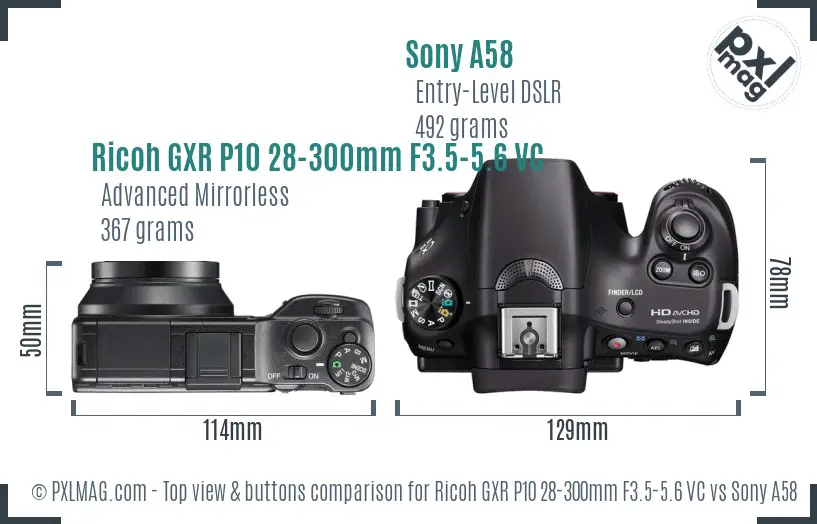 Ricoh GXR P10 28-300mm F3.5-5.6 VC vs Sony A58 top view buttons comparison