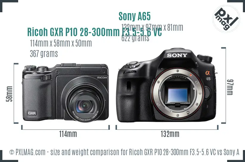 Ricoh GXR P10 28-300mm F3.5-5.6 VC vs Sony A65 size comparison