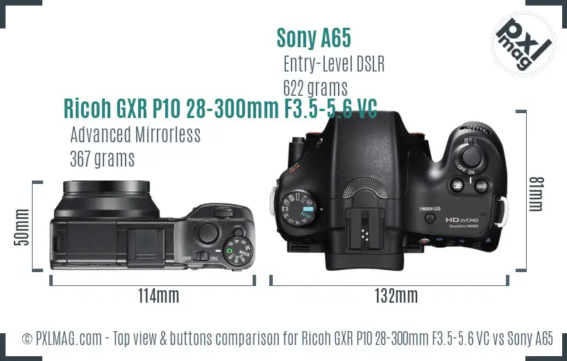 Ricoh GXR P10 28-300mm F3.5-5.6 VC vs Sony A65 top view buttons comparison