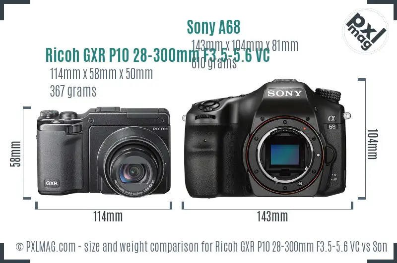 Ricoh GXR P10 28-300mm F3.5-5.6 VC vs Sony A68 size comparison
