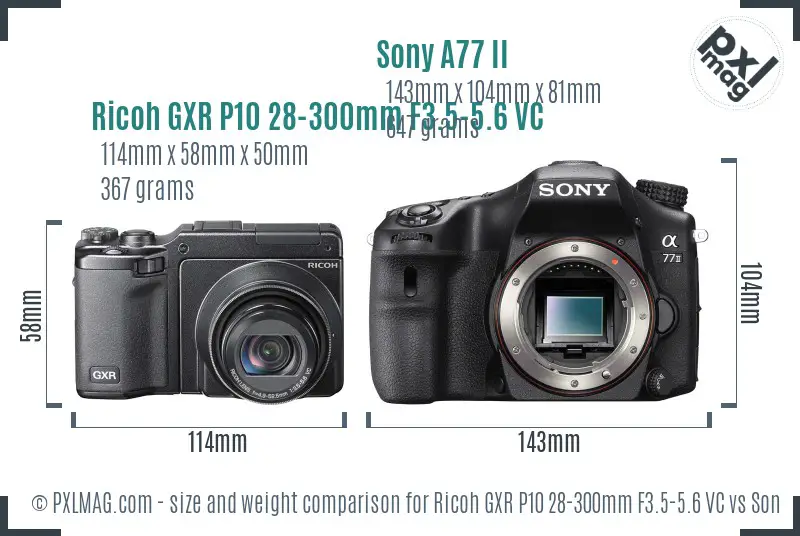 Ricoh GXR P10 28-300mm F3.5-5.6 VC vs Sony A77 II size comparison