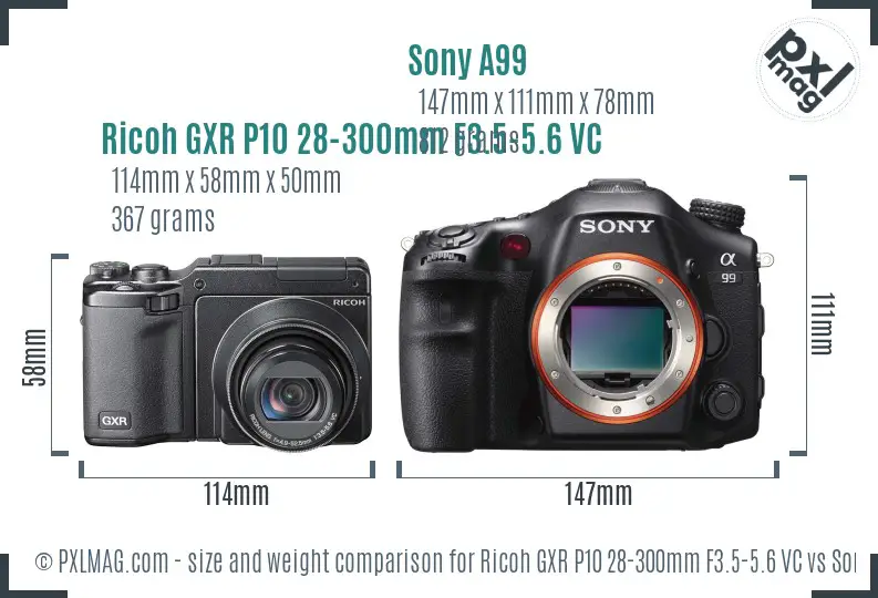 Ricoh GXR P10 28-300mm F3.5-5.6 VC vs Sony A99 size comparison