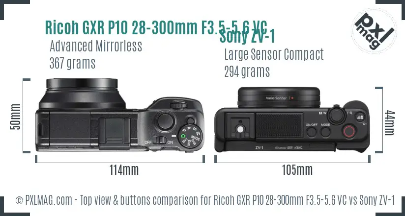 Ricoh GXR P10 28-300mm F3.5-5.6 VC vs Sony ZV-1 top view buttons comparison Ricoh GXR P10 28-300mm F3.5-5.6 VC vs Sony ZV-1 top view buttons comparison