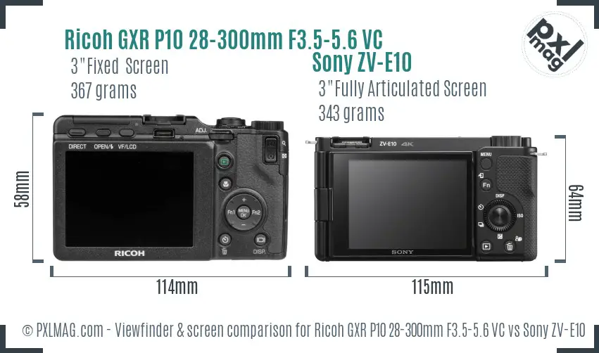 Ricoh GXR P10 28-300mm F3.5-5.6 VC vs Sony ZV-E10 Screen and Viewfinder comparison Ricoh GXR P10 28-300mm F3.5-5.6 VC vs Sony ZV-E10 Screen and Viewfinder comparison