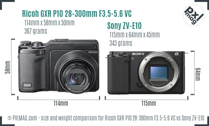 Ricoh GXR P10 28-300mm F3.5-5.6 VC vs Sony ZV-E10 size comparison Ricoh GXR P10 28-300mm F3.5-5.6 VC vs Sony ZV-E10 size comparison