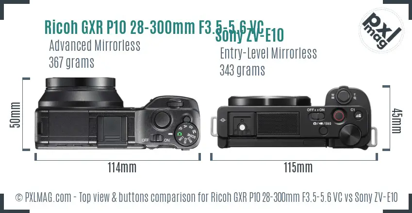 Ricoh GXR P10 28-300mm F3.5-5.6 VC vs Sony ZV-E10 top view buttons comparison Ricoh GXR P10 28-300mm F3.5-5.6 VC vs Sony ZV-E10 top view buttons comparison