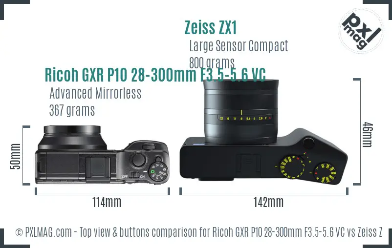 Ricoh GXR P10 28-300mm F3.5-5.6 VC vs Zeiss ZX1 top view buttons comparison