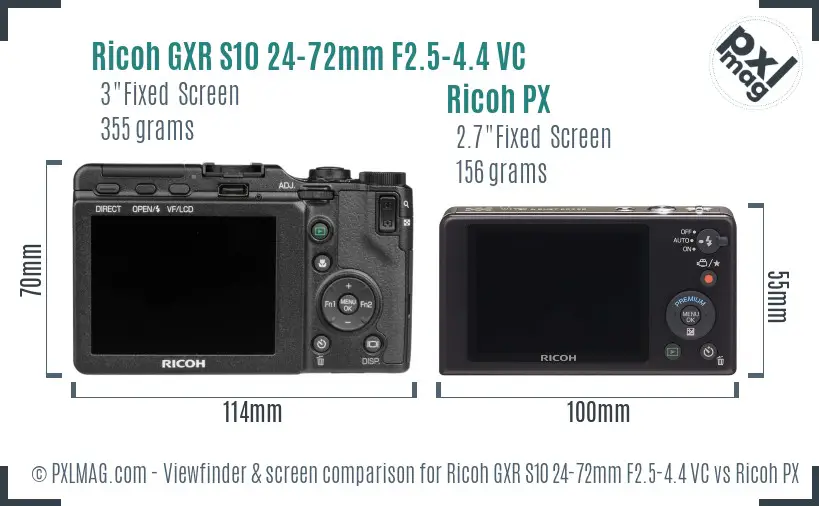 Ricoh GXR S10 24-72mm F2.5-4.4 VC vs Ricoh PX Screen and Viewfinder comparison