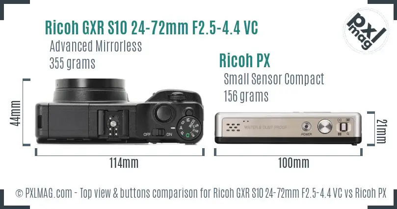 Ricoh GXR S10 24-72mm F2.5-4.4 VC vs Ricoh PX top view buttons comparison