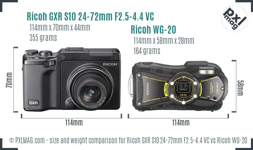 Ricoh GXR S10 24-72mm F2.5-4.4 VC vs Ricoh WG-20 size comparison