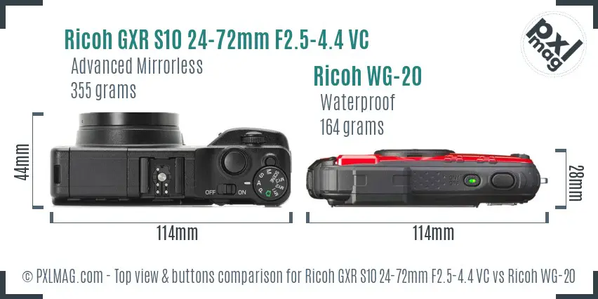 Ricoh GXR S10 24-72mm F2.5-4.4 VC vs Ricoh WG-20 top view buttons comparison