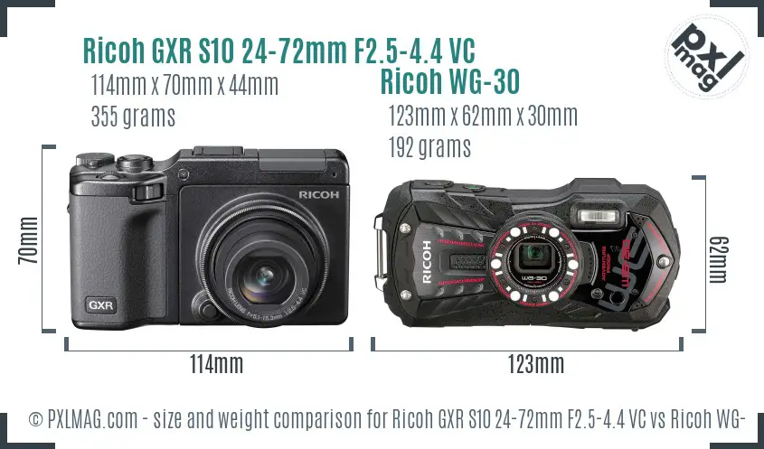 Ricoh GXR S10 24-72mm F2.5-4.4 VC vs Ricoh WG-30 size comparison