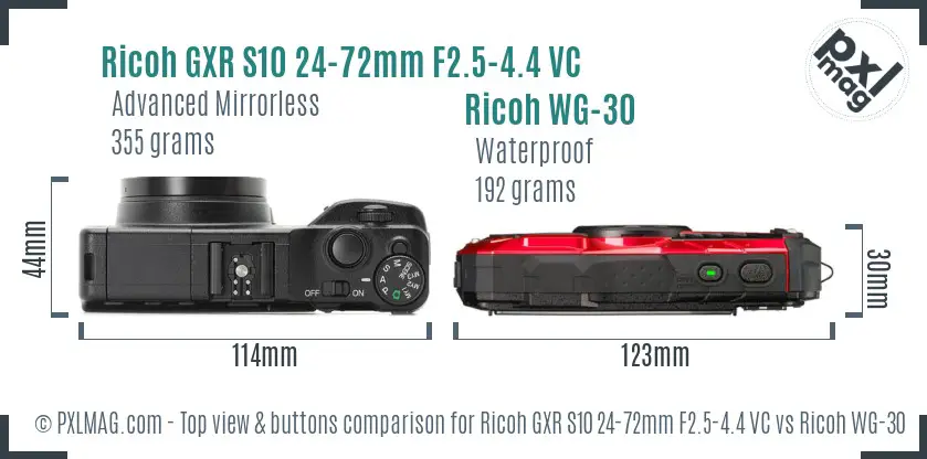 Ricoh GXR S10 24-72mm F2.5-4.4 VC vs Ricoh WG-30 top view buttons comparison