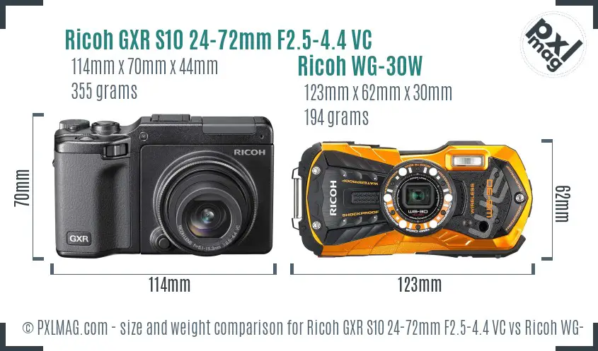 Ricoh GXR S10 24-72mm F2.5-4.4 VC vs Ricoh WG-30W size comparison