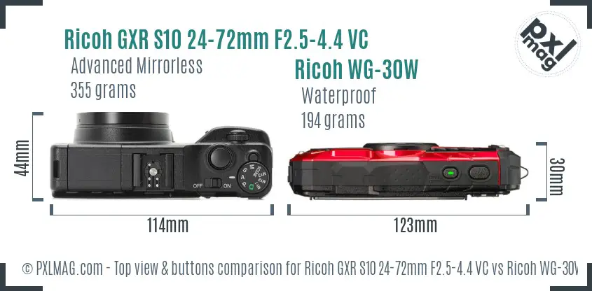 Ricoh GXR S10 24-72mm F2.5-4.4 VC vs Ricoh WG-30W top view buttons comparison