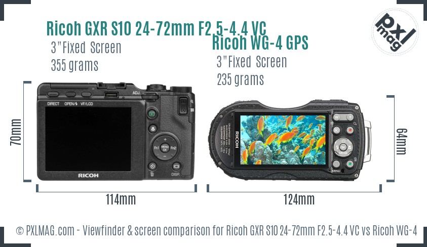 Ricoh GXR S10 24-72mm F2.5-4.4 VC vs Ricoh WG-4 GPS Screen and Viewfinder comparison