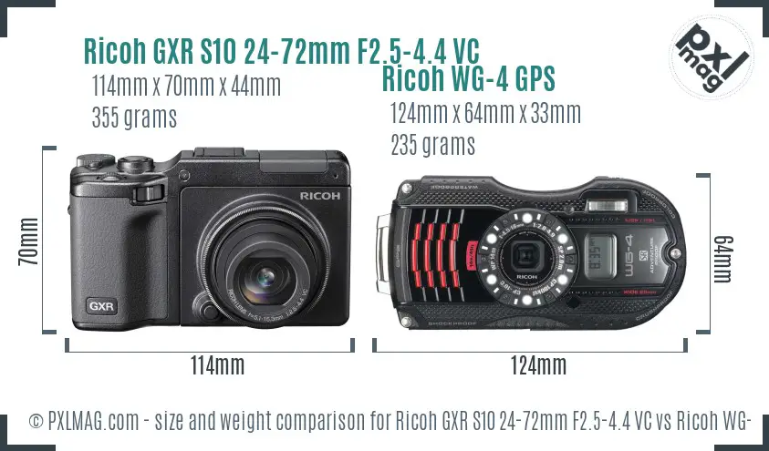 Ricoh GXR S10 24-72mm F2.5-4.4 VC vs Ricoh WG-4 GPS size comparison