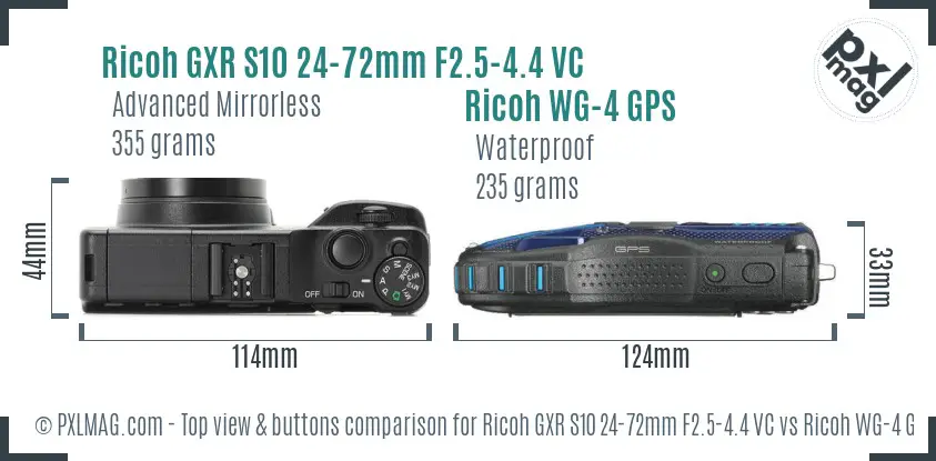 Ricoh GXR S10 24-72mm F2.5-4.4 VC vs Ricoh WG-4 GPS top view buttons comparison
