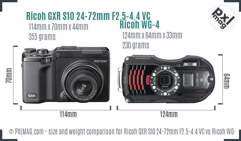 Ricoh GXR S10 24-72mm F2.5-4.4 VC vs Ricoh WG-4 size comparison