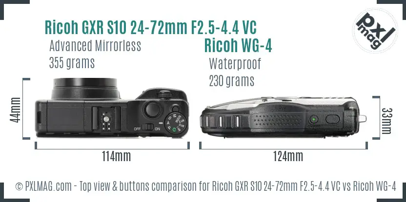 Ricoh GXR S10 24-72mm F2.5-4.4 VC vs Ricoh WG-4 top view buttons comparison