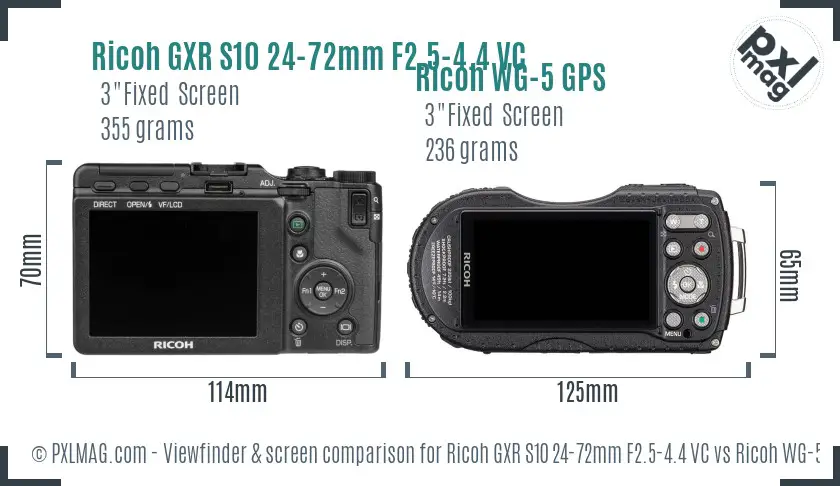 Ricoh GXR S10 24-72mm F2.5-4.4 VC vs Ricoh WG-5 GPS Screen and Viewfinder comparison