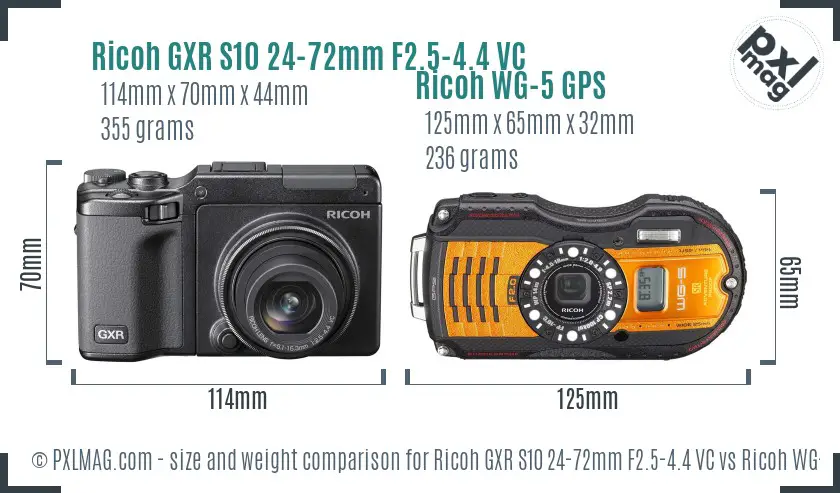 Ricoh GXR S10 24-72mm F2.5-4.4 VC vs Ricoh WG-5 GPS size comparison