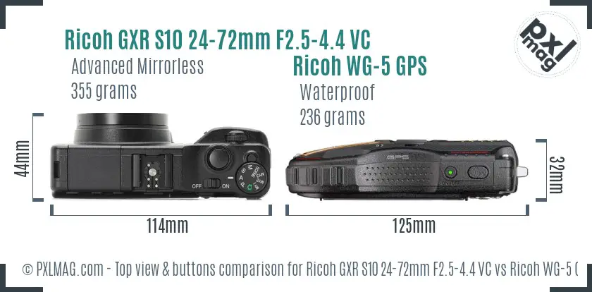 Ricoh GXR S10 24-72mm F2.5-4.4 VC vs Ricoh WG-5 GPS top view buttons comparison