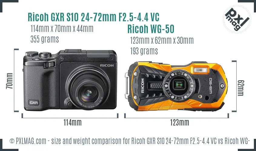 Ricoh GXR S10 24-72mm F2.5-4.4 VC vs Ricoh WG-50 size comparison