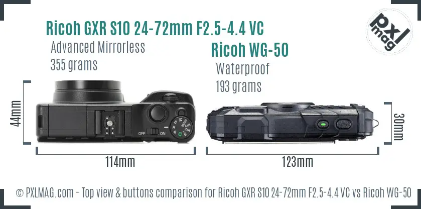 Ricoh GXR S10 24-72mm F2.5-4.4 VC vs Ricoh WG-50 top view buttons comparison