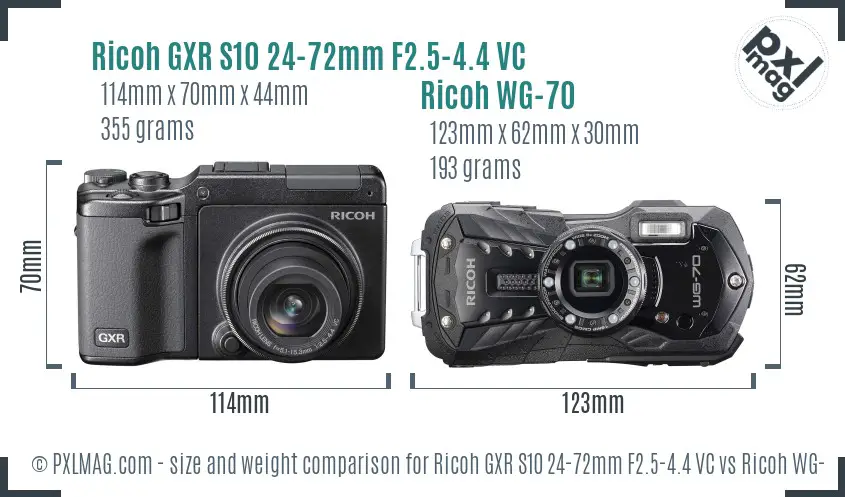 Ricoh GXR S10 24-72mm F2.5-4.4 VC vs Ricoh WG-70 size comparison