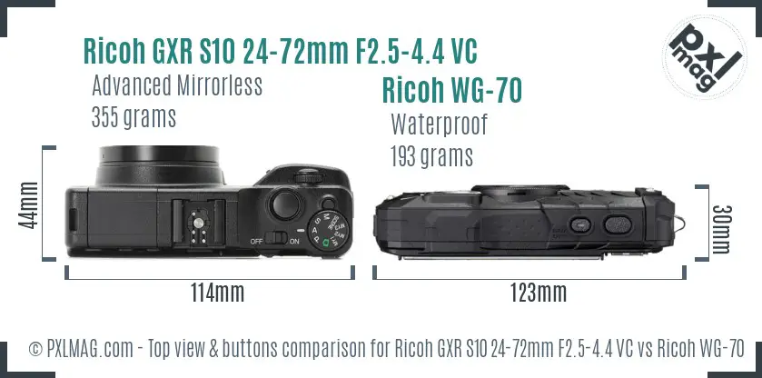 Ricoh GXR S10 24-72mm F2.5-4.4 VC vs Ricoh WG-70 top view buttons comparison