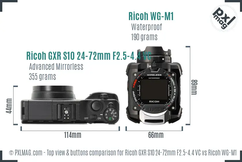 Ricoh GXR S10 24-72mm F2.5-4.4 VC vs Ricoh WG-M1 top view buttons comparison