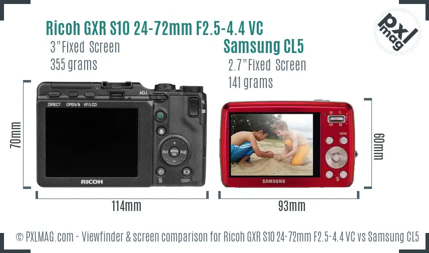 Ricoh GXR S10 24-72mm F2.5-4.4 VC vs Samsung CL5 Screen and Viewfinder comparison