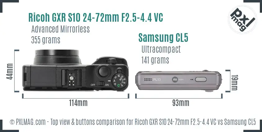 Ricoh GXR S10 24-72mm F2.5-4.4 VC vs Samsung CL5 top view buttons comparison