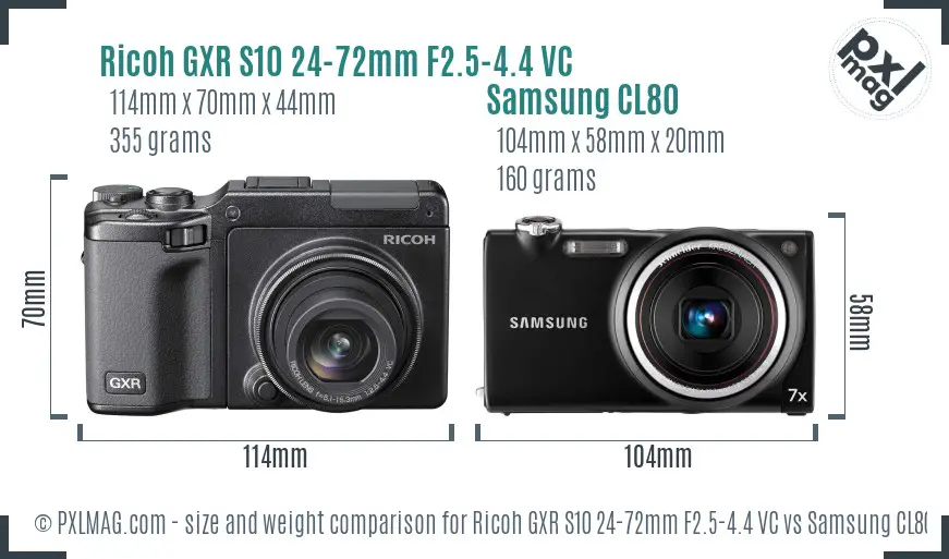 Ricoh GXR S10 24-72mm F2.5-4.4 VC vs Samsung CL80 size comparison