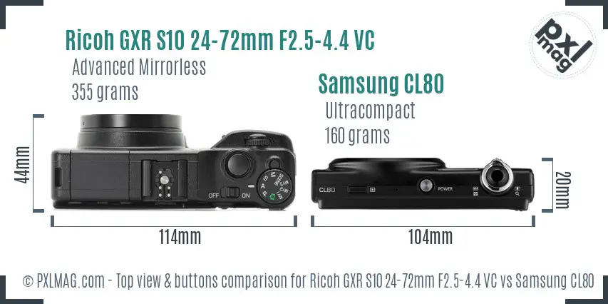 Ricoh GXR S10 24-72mm F2.5-4.4 VC vs Samsung CL80 top view buttons comparison