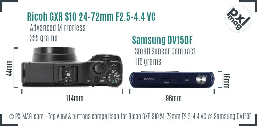 Ricoh GXR S10 24-72mm F2.5-4.4 VC vs Samsung DV150F top view buttons comparison
