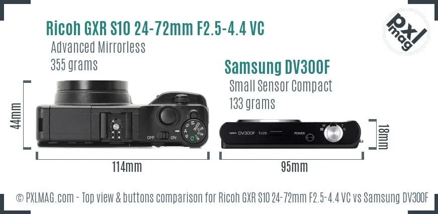 Ricoh GXR S10 24-72mm F2.5-4.4 VC vs Samsung DV300F top view buttons comparison