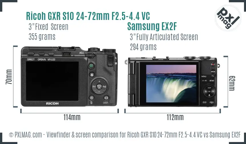 Ricoh GXR S10 24-72mm F2.5-4.4 VC vs Samsung EX2F Screen and Viewfinder comparison